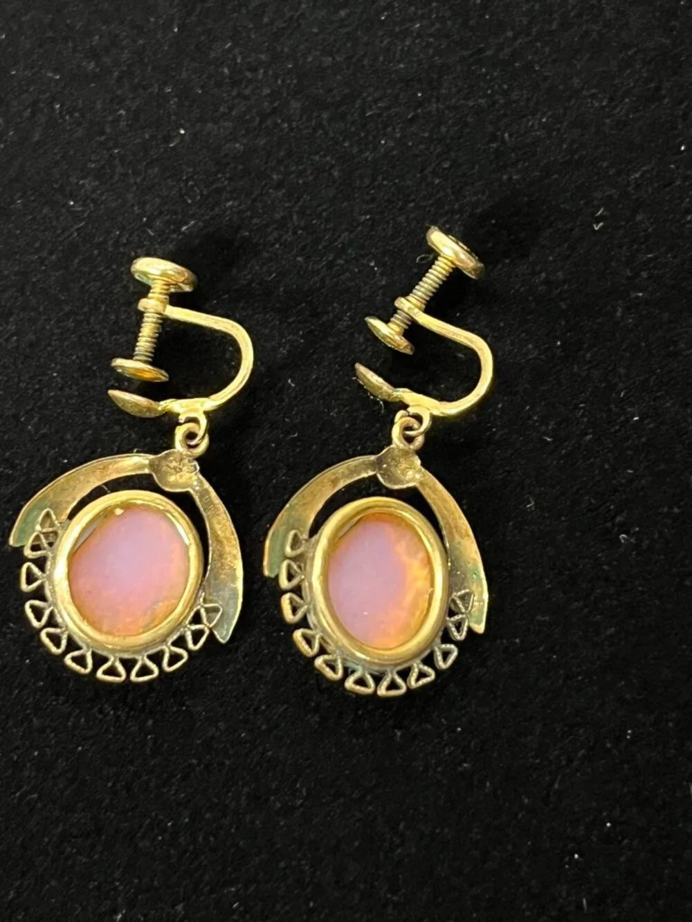 1/20 14k GF Opalite Earrings Midcentury ornate dangle unique screw on